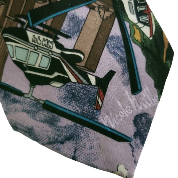 vintage 90's NICOLE MILLER cartoon helicopter silk signed logo novelty tie - Picture 3 of 8